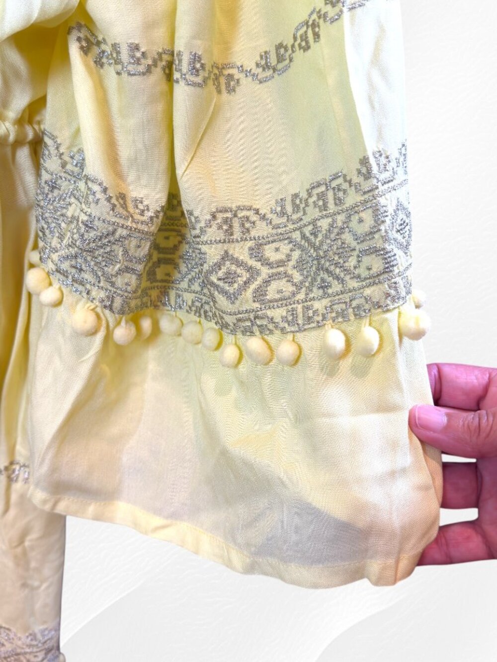 Monsoon XXL NWT Yellow Boho Festival Dress Metallic Embroidered Pom Pom Tassels - Picture 7 of 15